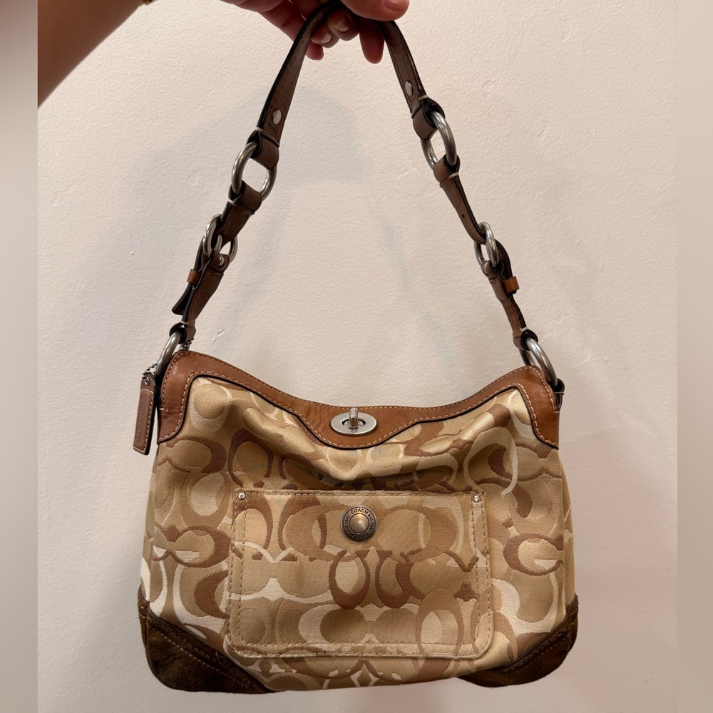 Vintage Coach Signature Jacquard Hobo Bag 10142 Khaki Brown Suede Y2K